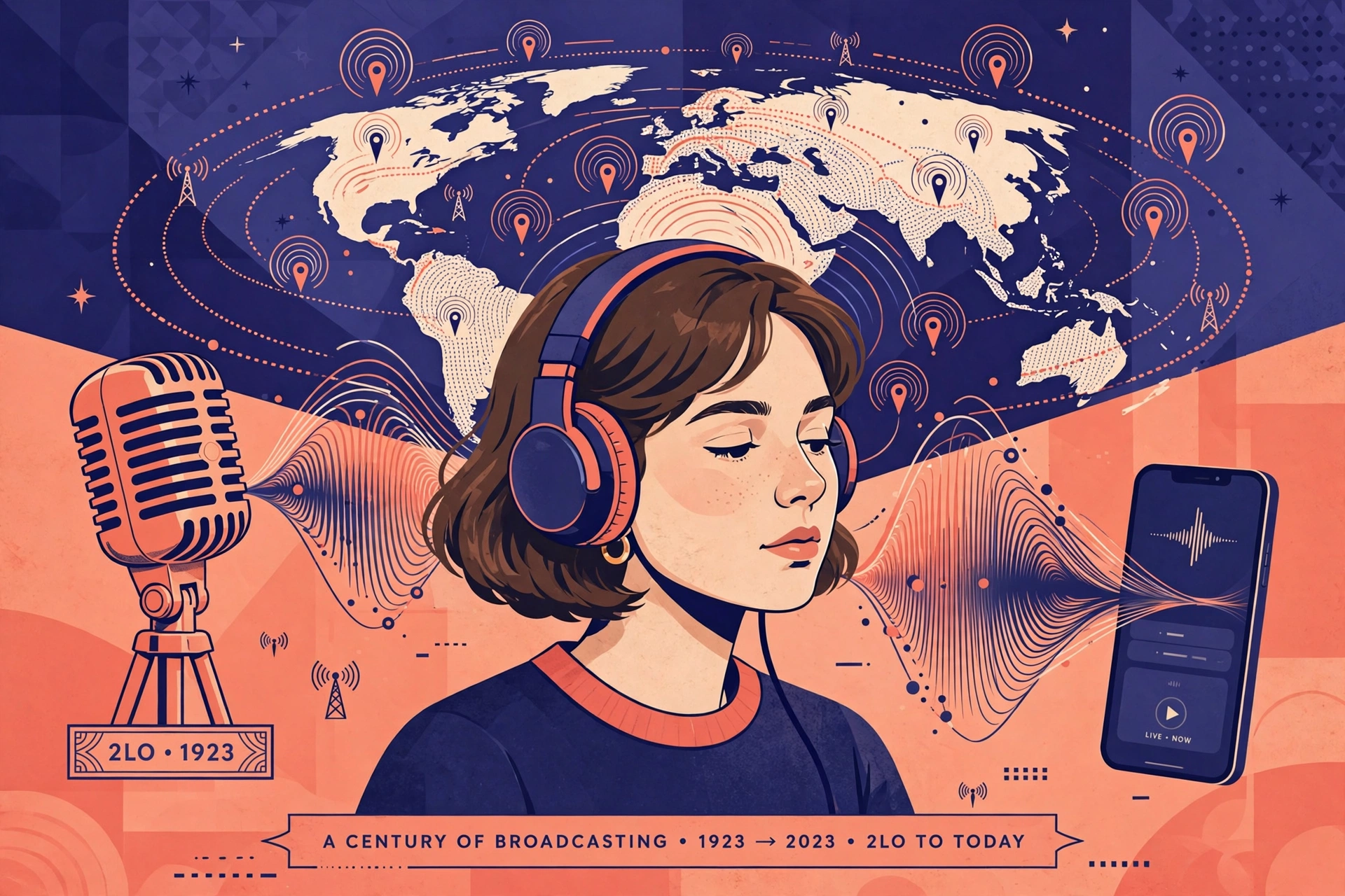 Original interpretive illustration: a century of broadcasting, from 2LO to today.