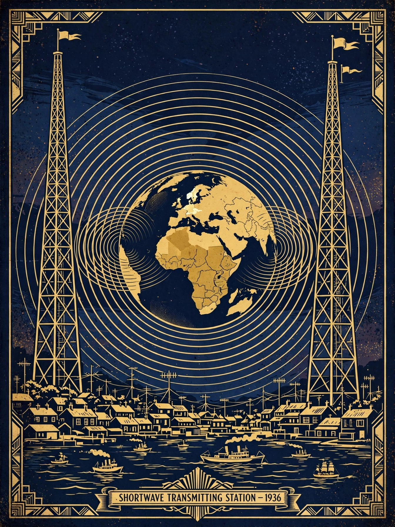 Original interpretive illustration: the Daventry shortwave station beams the Empire Service worldwide, 1932.